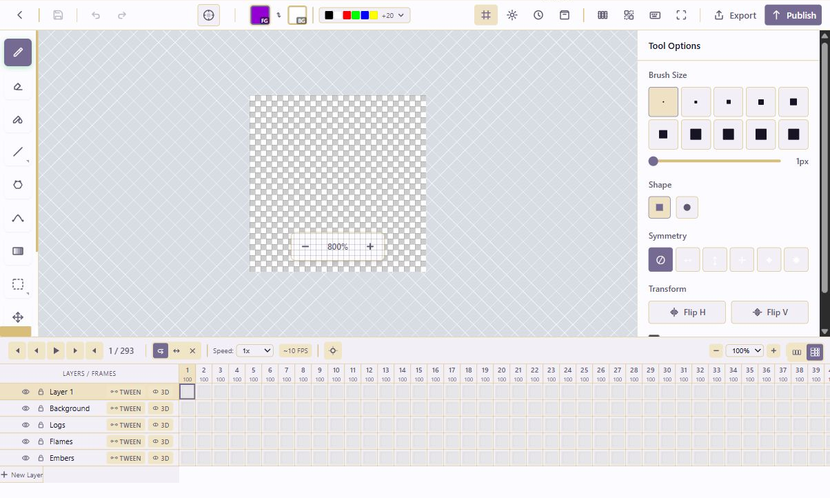 Pixel Art Studio editor showing canvas, tools, layers, and animation timeline