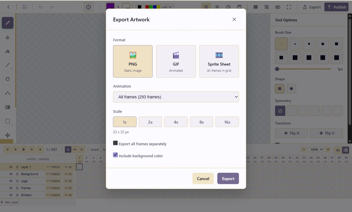 Pixel Art Studio export modal with PNG, GIF, and sprite sheet options