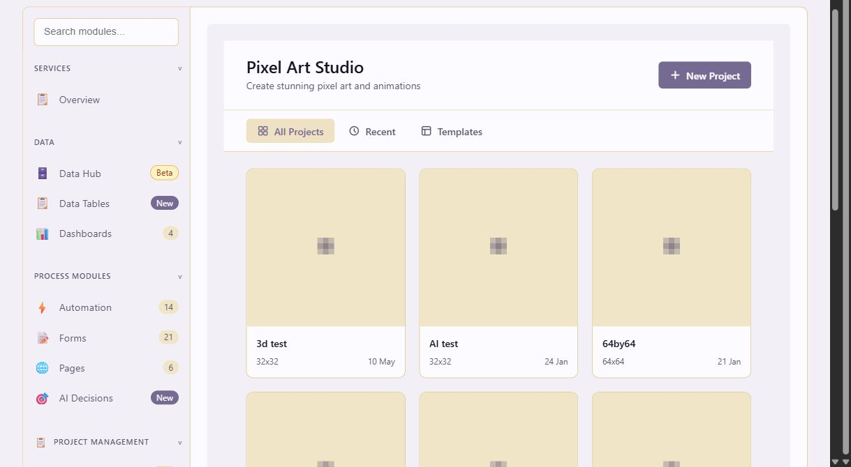 Pixel Art Studio project library with projects and templates tabs